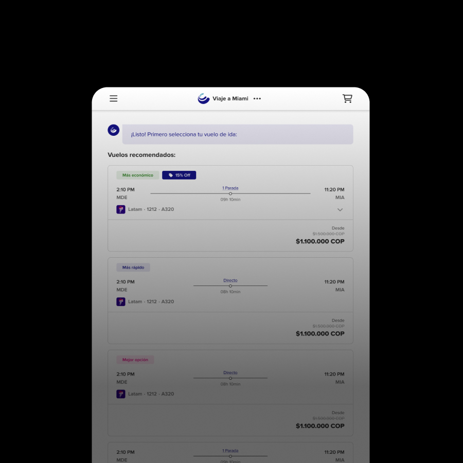 Mockup en pantalla de escritorio mostrando el Asistente Virtual de Viajes diseñado por Paola López Mejía