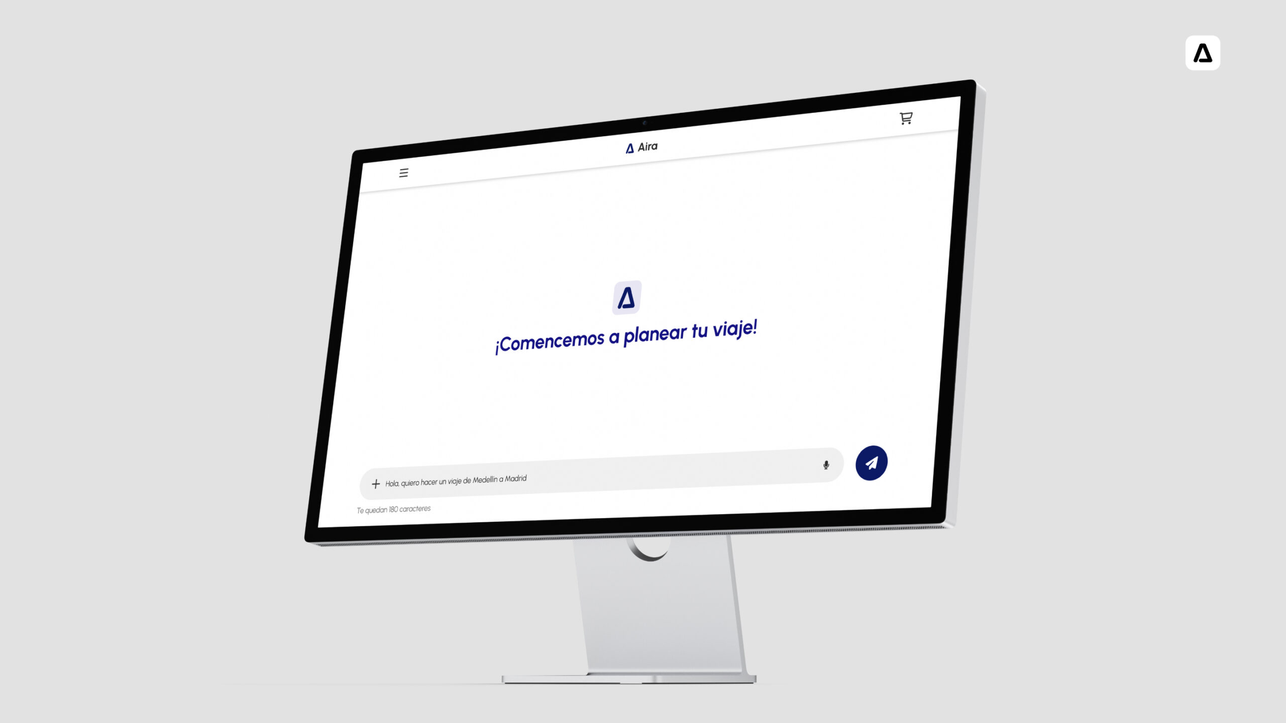 Mockup en pantalla de escritorio mostrando el Asistente Virtual de Viajes diseñado por Paola López Mejía