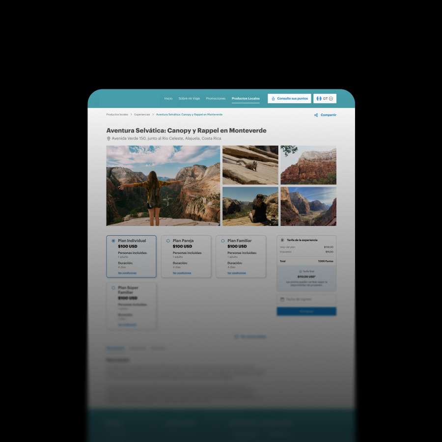 Mockup de plataforma de ofertas locales de hoteles y experiencias para banco